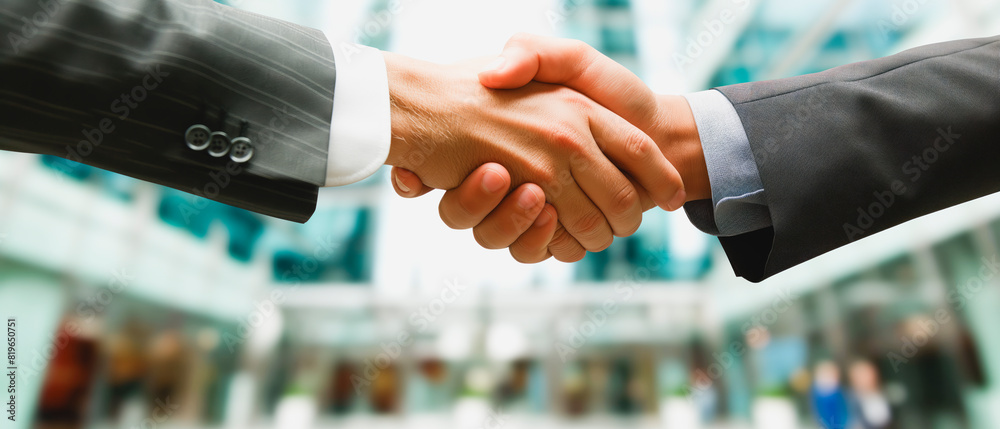 Poster two professionals shaking hands in formal wear with an out-of-focus business building background, co