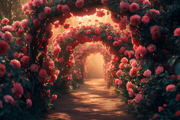 floral tunnel, pink roses archway, beautiful garden of love, roses growing everywhere, photorealistic // ai-generated 