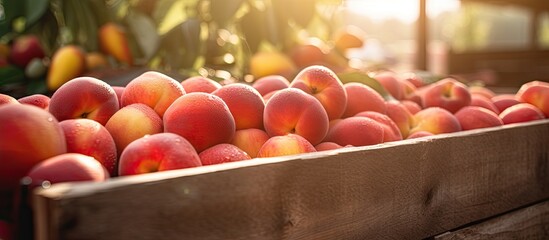 Close up of fresh ripe nectarines displayed in wooden boxes at a market embodying a summer fruit concept with copy space image - Powered by Adobe