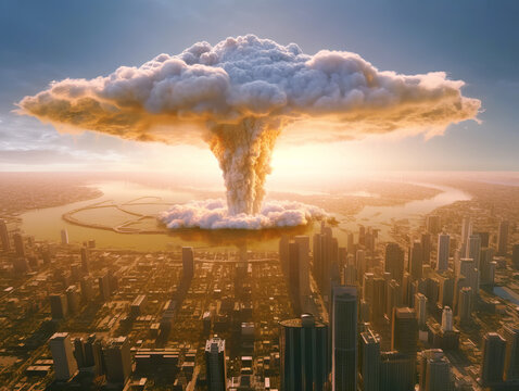 A massive explosion over a cityscape at sunset, with a dramatic sky background, depicting a cataclysmic event. Generative AI - Powered by Adobe