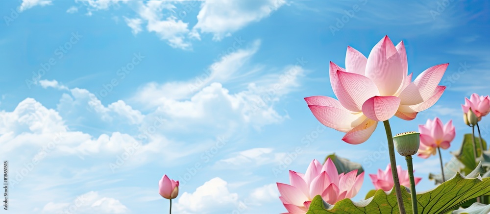 Wall mural a vibrant pink lotus flower with lush green leaves set against a background of blue sky and clouds c