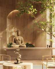 Zen interior. Zen restaurant. Buddha zen interior design. Zen room with buddha statue. Wooden interior. Minimalist zen interior. Buddha coffee. Buddha restaurant.
