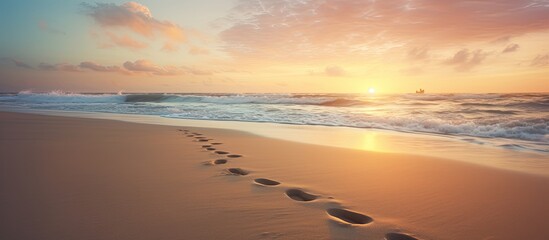 Horizontal color photo of female footprints in the sand on a tropical beach at sunrise or sunset with a copy space image