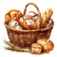 A beautiful wicker basket filled with assorted freshly baked bread on a white background, perfect for breakfast or a rustic meal setting.