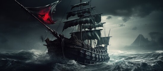 A pirate ship sailing under a black flag on a stormy day at sea with copy space image