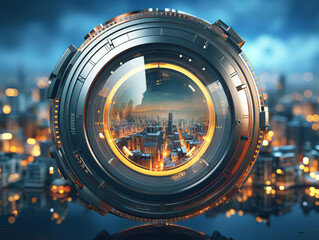 Futuristic cityscape viewed through a high-tech circular interface, set against a twilight sky, concept of technology advancement. Generative AI