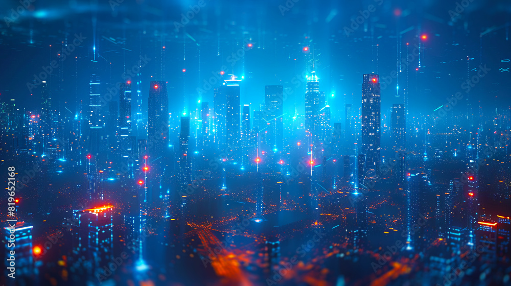 Poster a futuristic cityscape with glowing lights and skyscrapers on a dark background, concept of a cyberp