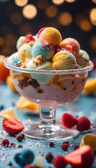 A colorful ice cream sundae in a glass bowl, topped with various scoops of ice cream and garnished with fresh fruits and sprinkles. Ice Cream Month.