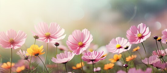 Obraz premium A garden adorned with vintage pink and yellow cosmos flowers providing a charming backdrop for a copy space image