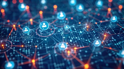 A blue and orange network of people with a blue circle in the middle