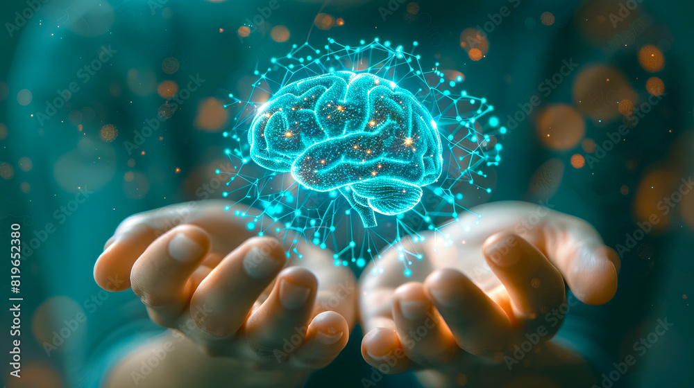 Aufkleber Glowing digital brain floating above hands with a network of connections on a blue bokeh background, representing the concept of intelligence. Generative AI