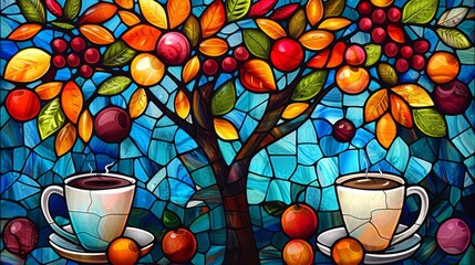 Vibrant stained glass artwork with colorful fruit tree and coffee cups, showcasing rich hues and intricate patterns, perfect for artistic inspiration.
