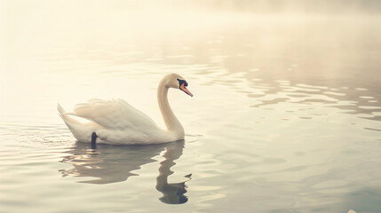 Naklejka premium swan swimming on tranquil lake. A graceful swan glides across a tranquil lake, surrounded by misty morning light..