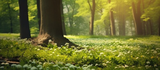 Lush green forest with blooming flowers in spring perfect for copy space image