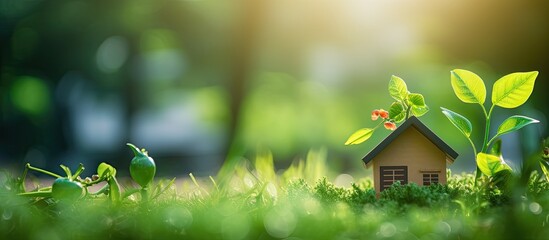 Blurry green background from garden and house in the morning suitable for product display or design with a copy space image