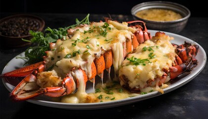 Lobster Thermidor, decadent French dish, lobster meat bathed in creamy, flavorful sauce