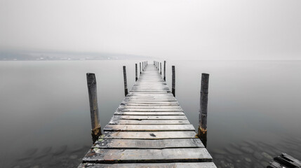 Fototapeta premium wooden pier extending into foggy lake. A long wooden pier stretches out into a foggy lake, disappearing into the mist..