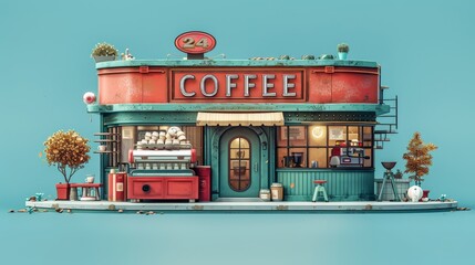Whimsical vintage coffee shop illustration with a retro facade, teal and red colors, and charming details against a sky-blue background.