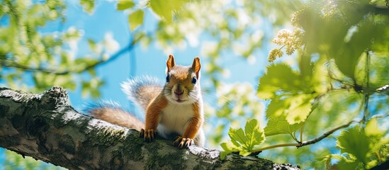 A squirrel perched on a tree in a lush forest under the warm sun of a summer day with a clear blue sky in the background creating a lovely copy space image
