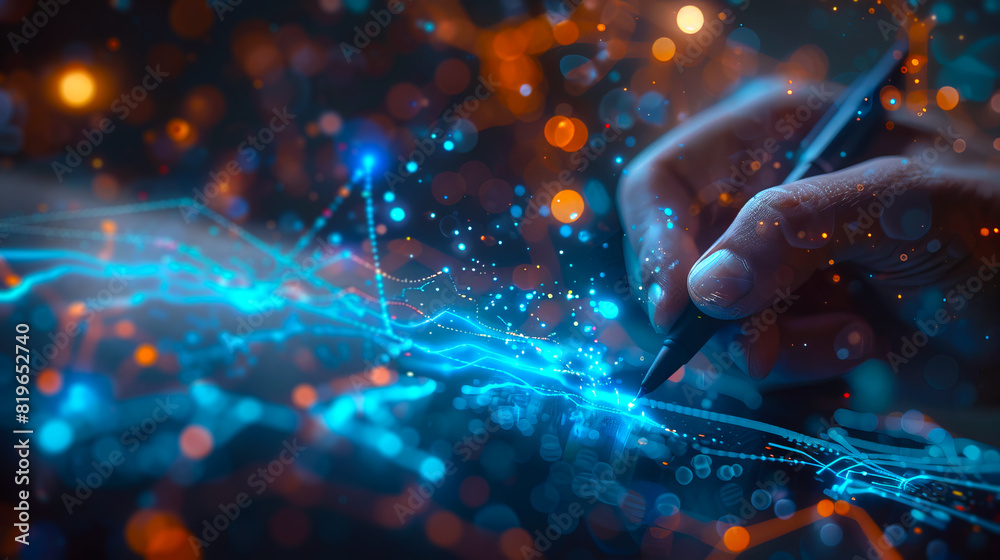 Poster A hand interacting with glowing digital lines and dots on a dark bokeh background, symbolizing innovation. Generative AI