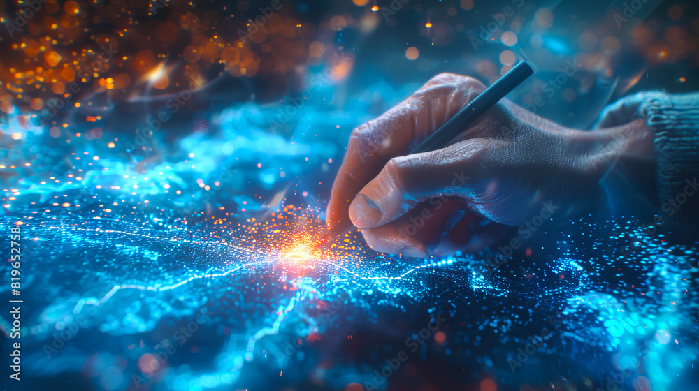 Poster A hand using a stylus on a luminous digital interface with bokeh effects, creative concept on a dark background. Generative AI