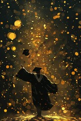 Graduate celebrating success by throwing graduation cap under golden confetti. Symbolic of achievement and new beginnings.