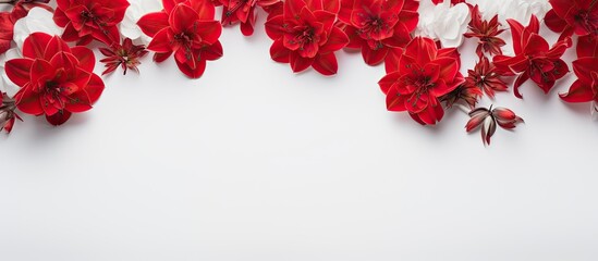 A white surface decorated with a crown of vibrant red flowers suitable for a copy space image