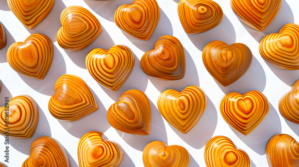 Poster multiple heart-shaped objects with a wooden texture, on a white background, symbolizing love and aff
