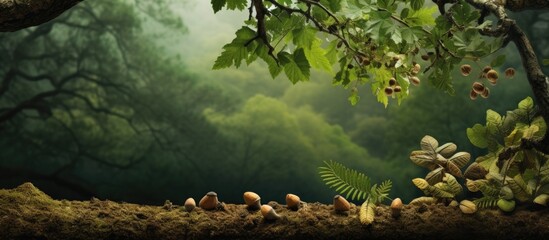 Forest setting with oak branches and acorns showcasing a copy space image