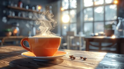 A steaming cup of coffee on a wooden table in a cozy cafe with natural light streaming through the windows.