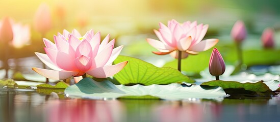 Pink lotus flower blooming in a pond surrounded by nenuphar flowers and leaves in summer Macro close up shot of the high quality image with copy space