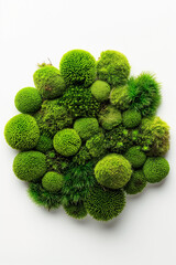 flowers by ai, arrangement of green moss in the shape of round balls, lush vegetation, white background, top view, photorealistic // ai-generated 