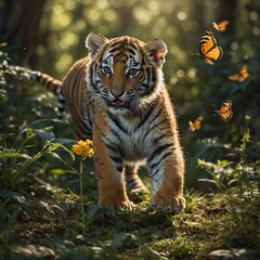 A tiger cub playfully chasing butterflies in a sun-dappled forest.

