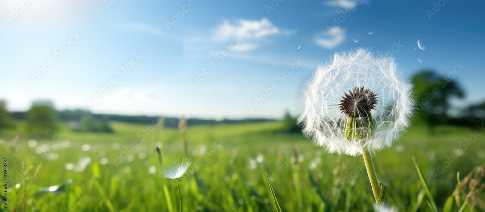 Wall mural a dandelion s white fluff in a field with copy space image