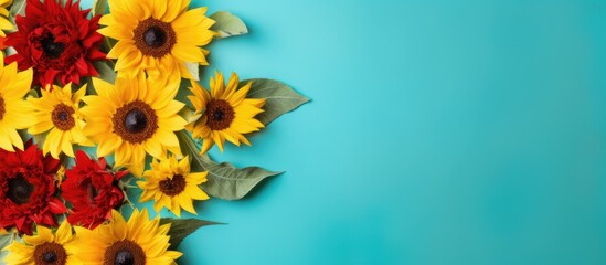 Simple and stylish autumn sunflowers with yellow and red petals on a turquoise background create a modern floral pattern for a botany card layout with copy space image - Powered by Adobe
