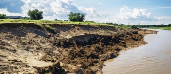 Obraz premium Soil erosion due to flood in the nearby river. Copy space image. Place for adding text and design