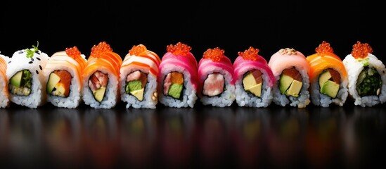 A variety of sushi rolls garnished with caviar shrimp tuna and avocado are showcased on a sleek gray background with available copy space image