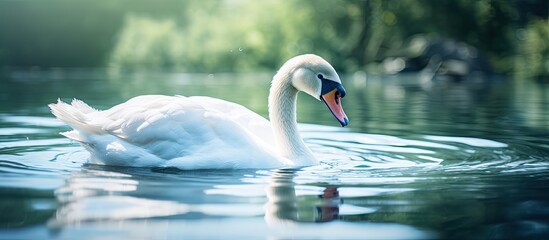 View of a white swan in a water scene swimming and cleaning feathers with copy space image