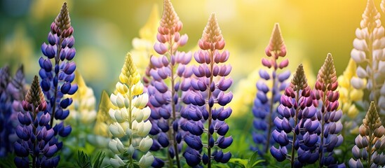 Lupines creating a vibrant display with purple and yellow flowers set against a greenish background...