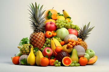 A pile of fruits including one that has a pineapple on it.
