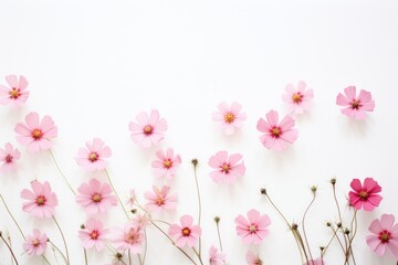 close up of some pink flowers on a white background, in the style of minimalistic elements, rustic texture
