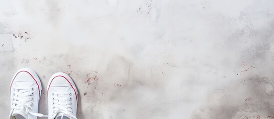 Urban city youth lifestyle concept top view of sneakers on the concrete flooring with white paint stains. Copy space image. Place for adding text and design