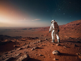 Martian Reflection, Astronauts on Mars Colony Take in the View, Finding Serenity in the Landscape.