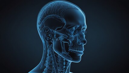 x ray of human skull blue color . woman skull