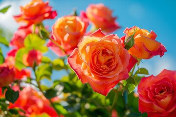 flowers by ai, beautiful orange and pink roses in full bloom against blue sky background on a sunny day, vibrant colors, photorealistic // ai-generated 