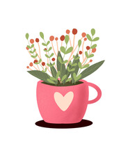 Bouquet of spring forget-me-not flowers in a cup on the table against the background of a colored wall. Holiday card, fragment, blur, selective focus.