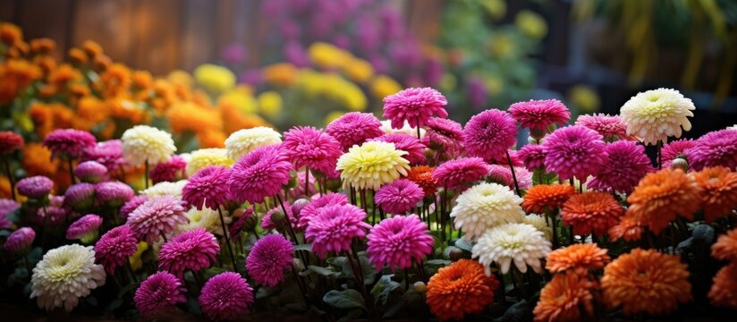 Benjamas flowers in the garden with beautiful chrysanthemums mums and chrysanths with a copy space image
