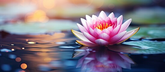 A beautiful water lily floating in a serene pond with vibrant colors and delicate petals providing a stunning copy space image