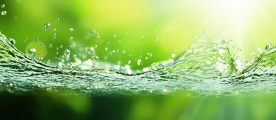 Abstract close up of water splashing with a green background in sunlight featuring soft focus copy space image