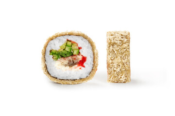 Crispy tempura sushi roll with eel, masago and cucumbers